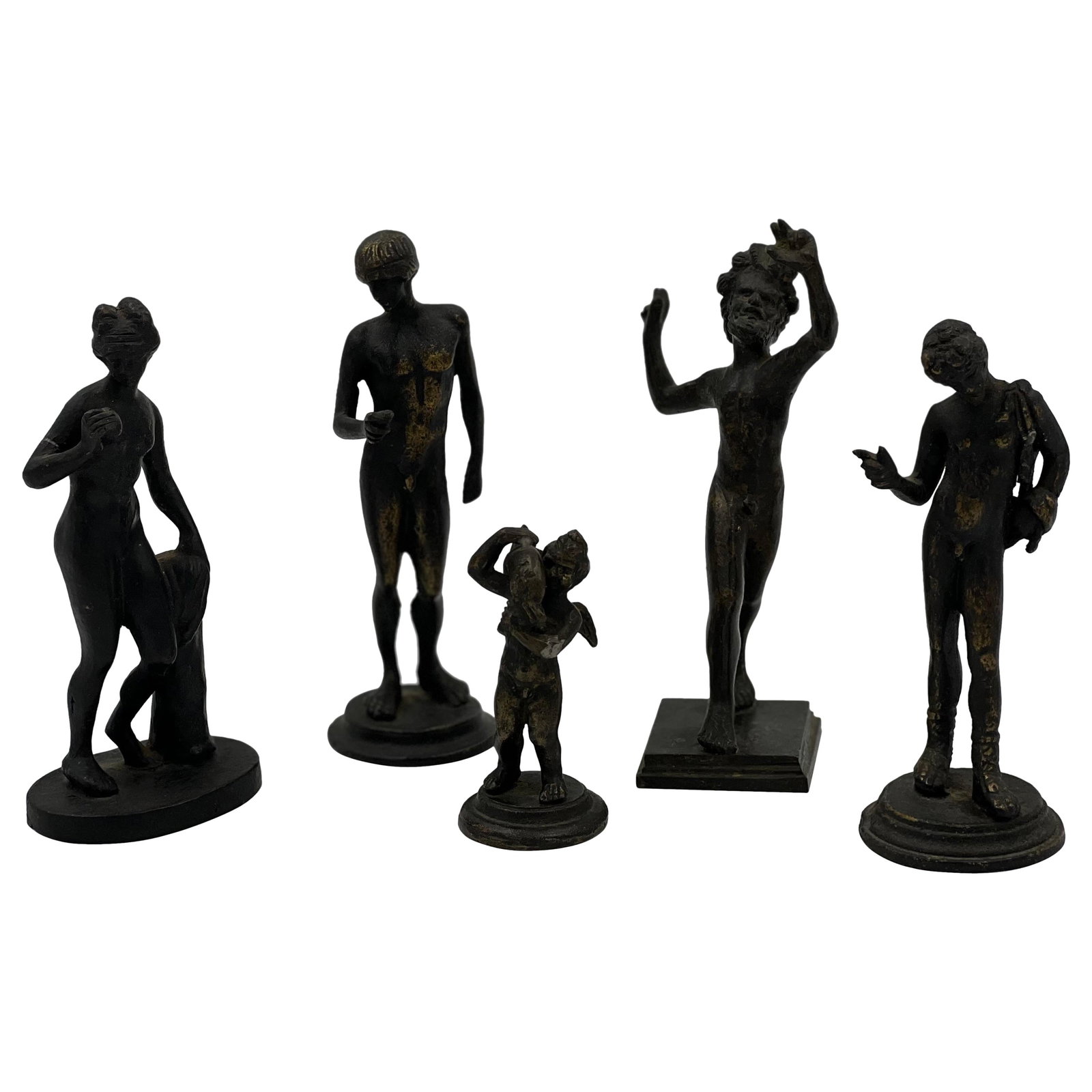 Set of 5 Antique Italian Bronze Figures Venus Eros 19th Century: Set of 5 Antique Italian Bronze Figures Venus Eros 19th Century This exquisite set of five antique Italian Grand Tour bronze figures features iconic representations, including Venus and Eros. Each fig