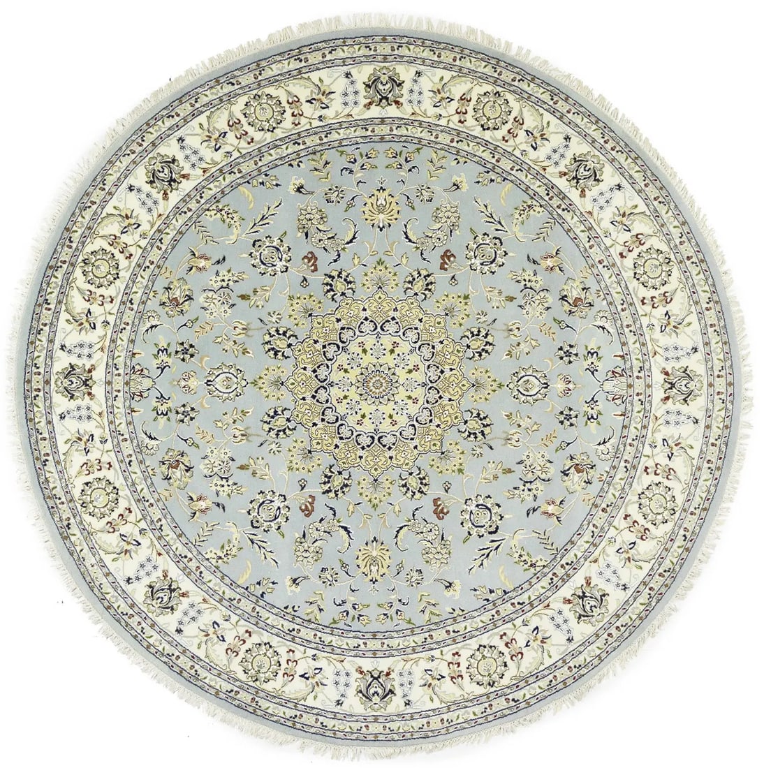 Handmade 8X8 Floral Round Indo-Nain Rug Wool Silk Modern Decor: Handmade 8X8 Floral Round Indo-Nain Rug Wool Silk Modern Decor Enhance your living space with this exquisite 8X8 Classic Floral Round Indo-Nain Rug, a stunning handmade oriental carpet that adds elega
