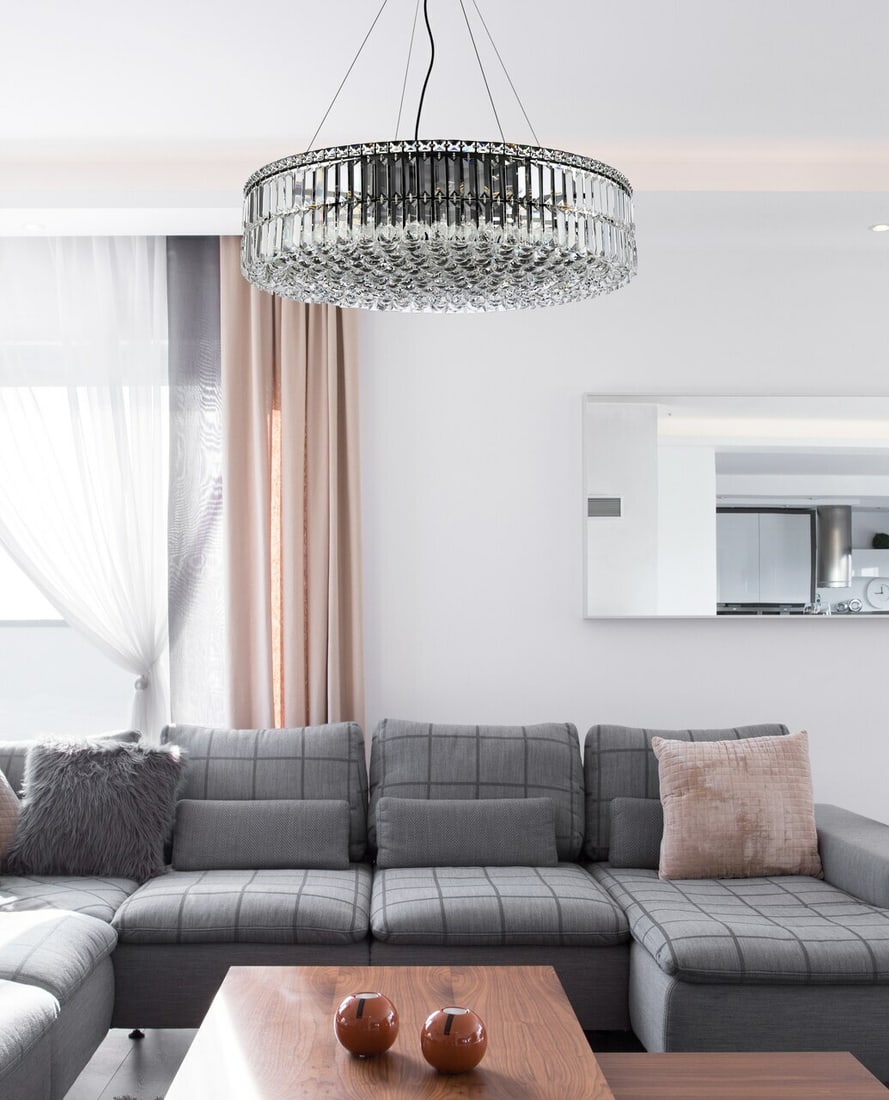 Maxime 18-Light Black Crystal Ceiling Chandelier 32 Inch: Maxime 18-Light Black Crystal Ceiling Chandelier 32 Inch This modern crystal chandelier features an elegant black and silver finish with Royal Cut clear crystals, making it a striking centerpiece for 