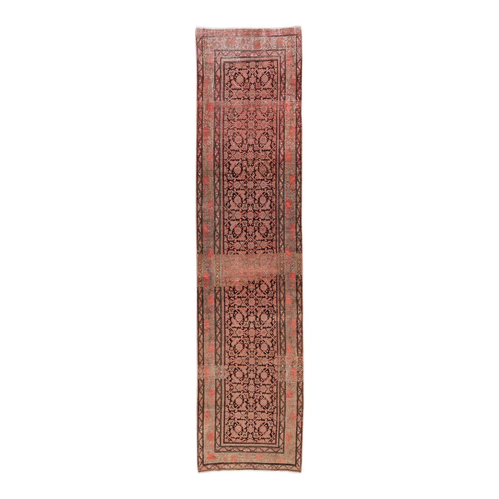 Red Vintage Persian Hand-Knotted Wool Runner 3'7" x 14'10": Red Vintage Persian Hand-Knotted Wool Runner 3'7" x 14'10" This stunning vintage Persian runner features a beautifully distressed hand-knotted design in a vibrant red color field. Adorned with intrica