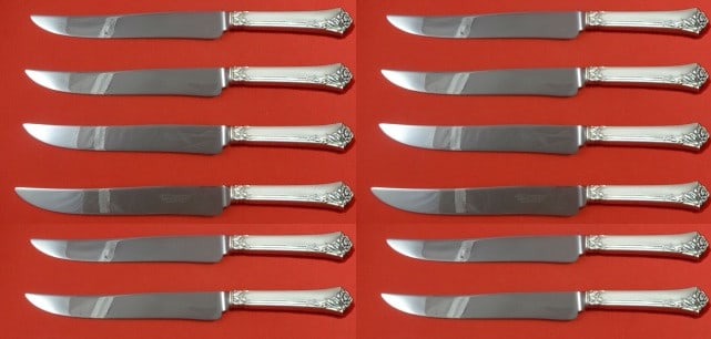 Oneida Damask Rose Sterling Silver Steak Knife Set 12 pcs 8.5": Oneida Damask Rose Sterling Silver Steak Knife Set 12 pcs 8.5" Enhance your dining experience with this exquisite 12-piece steak knife set from Oneida, featuring the elegant Damask Rose pattern. Each 