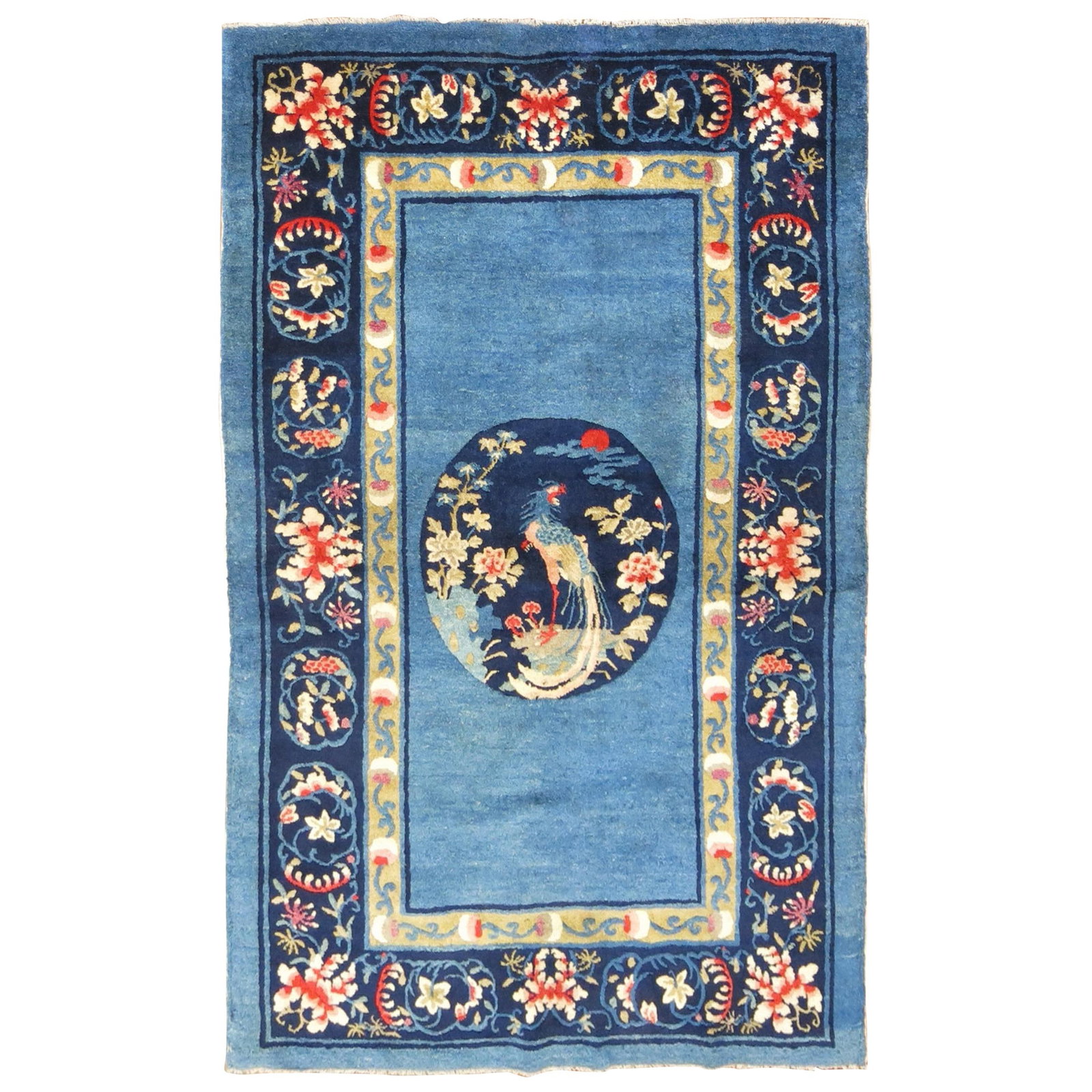 Sky Blue Hand-Woven Chinese Peking Rug 39x61 Chinoiserie Antique: Sky Blue Hand-Woven Chinese Peking Rug 39x61 Chinoiserie Antique This exquisite Traditional Chinese Peking Scatter Rug features a beautiful sky blue background with ivory and navy accents, showcasing 