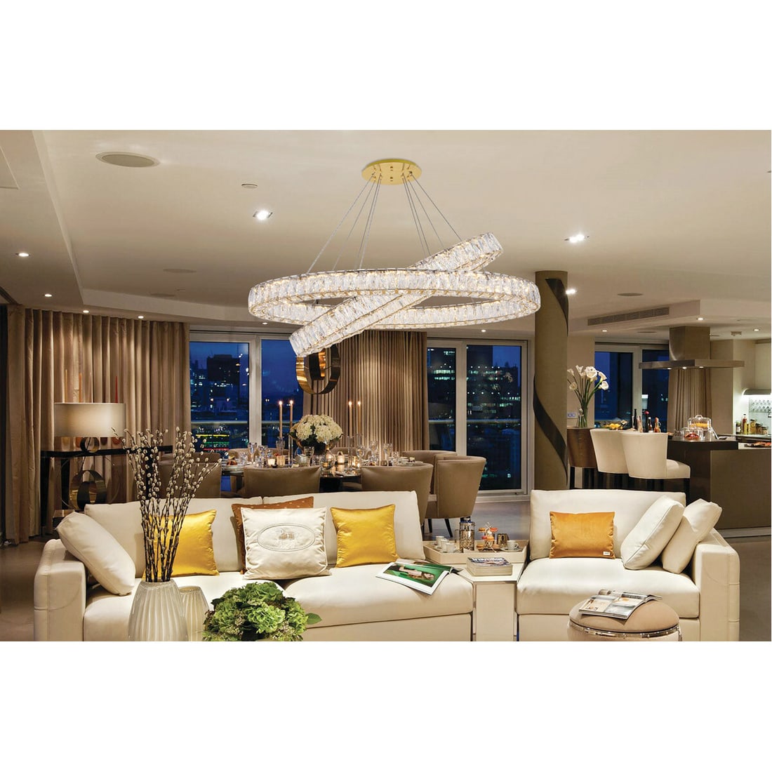 Monroe Oval Crystal LED Chandelier Gold 48 x 18: Monroe Oval Crystal LED Chandelier Gold 48 x 18 Modern oval LED chandelier in a gold finish with clear royal-cut crystals. It is made of stainless steel and crystal, designed for indoor installation, 