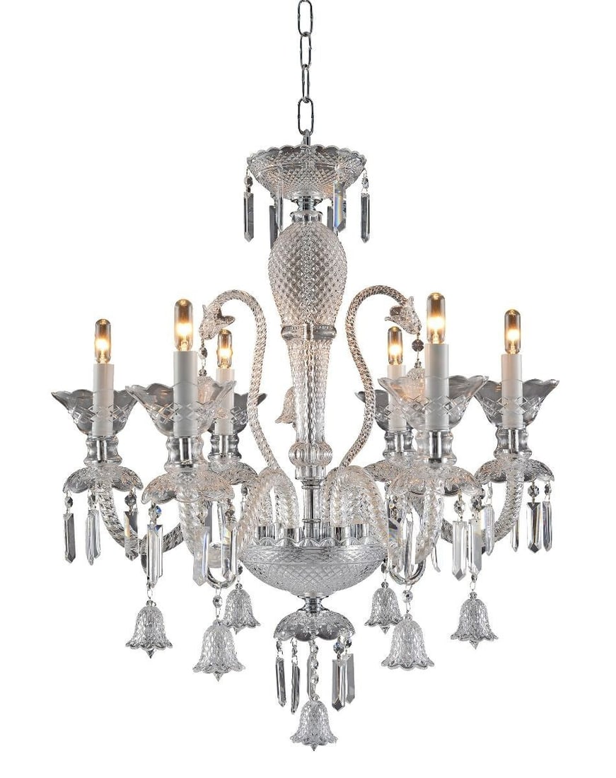 Artistry New Century 6 Light Chrome Crystal Chandelier: Artistry New Century 6 Light Chrome Crystal Chandelier This modern chandelier features a chrome frame adorned with high-quality Asfour crystals, creating a striking centerpiece for foyers, dining room