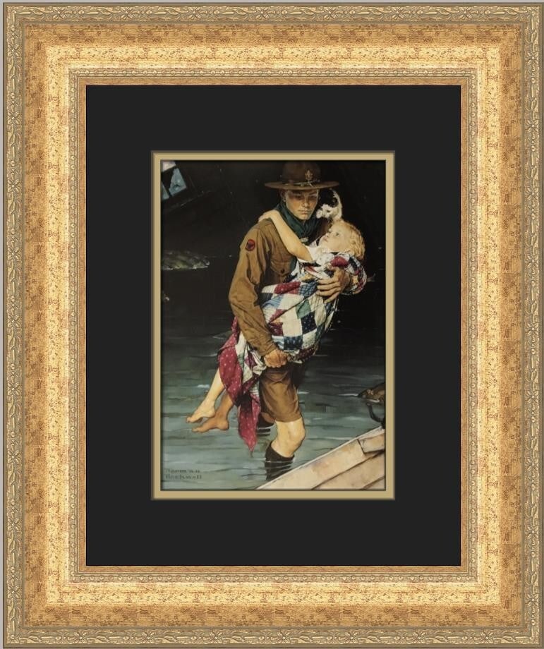 Norman Rockwell A Scout Is Helpful Custom Framed Print 18x16: Norman Rockwell A Scout Is Helpful Custom Framed Print 18x16 This custom framed print titled "A Scout Is Helpful" by renowned artist Norman Rockwell is an exquisite piece of Americana Modernism. Measu