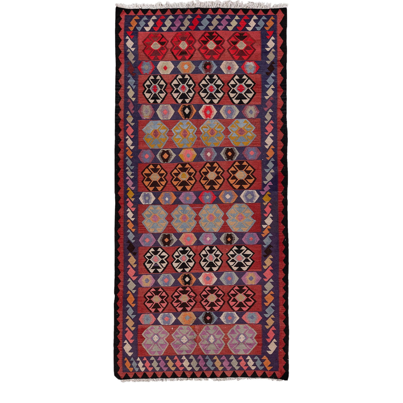 Vintage Kilim Red Geometric Wool Runner 5'7'' x 12'2'' Handmade: Vintage Kilim Red Geometric Wool Runner 5'7'' x 12'2'' Handmade Enhance your space with this stunning vintage Kilim handmade wool runner, featuring a vibrant red field and an intricate all-over geomet