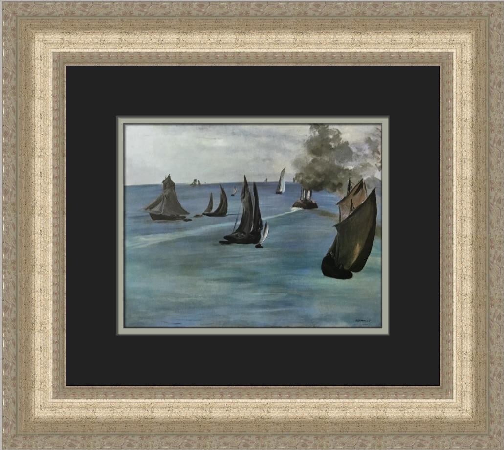 Edouard Manet The Outlet of Boulogne Harbour Custom Framed Art Print: Edouard Manet The Outlet of Boulogne Harbour Custom Framed Art Print This stunning custom framed print features Edouard Manet's artwork, "The Outlet of Boulogne Harbour." The piece is an expressionist