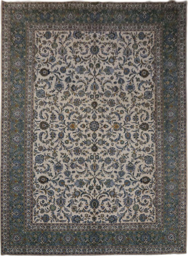 Exquisite 10.2 x 13.9 Ivory Persian Kashan Rug with Blue Accents: Exquisite 10.2 x 13.9 Ivory Persian Kashan Rug with Blue Accents Free continental US Shipping Elevate your living space with this exquisite 10.2 x 13.9 Ivory Persian Signed Kashan Rug, handcrafted by 