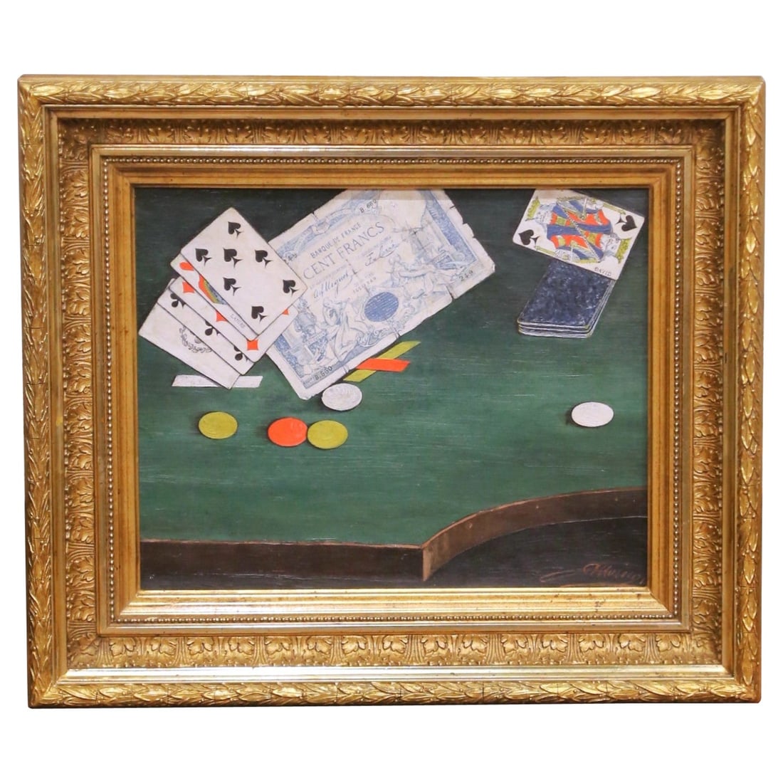 French 19th Century Signed Still Life Art Depicting Cards and Casino Table (1 of 10)