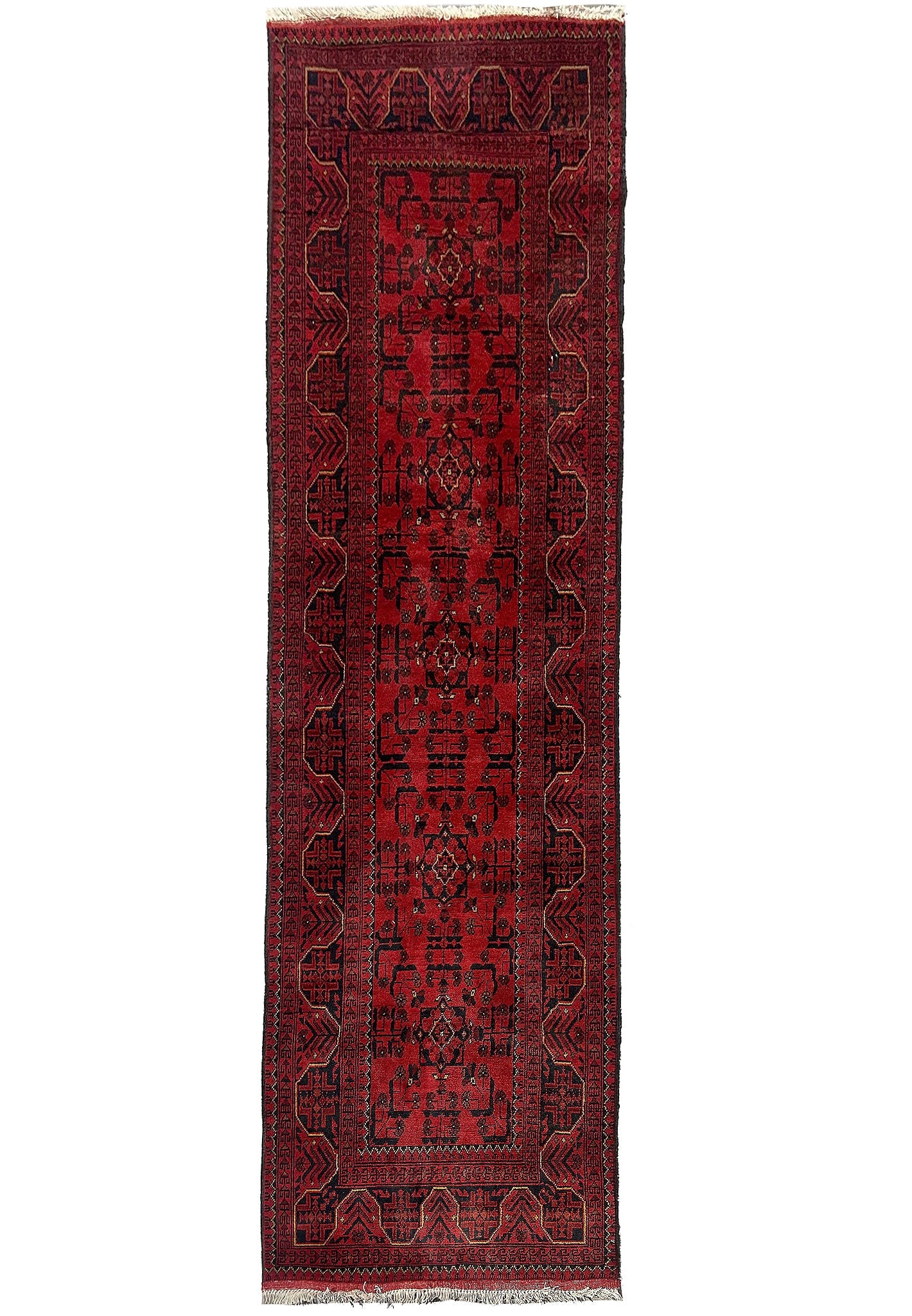 Handmade Afghan Khal Mammadi Wool Runner 10 Feet Tribal Geometric Design: Handmade Afghan Khal Mammadi Wool Runner 10 Feet Tribal Geometric Design Free continental US Shipping This 10-foot Handmade Afghan Khal Mammadi runner is crafted by skilled artisans using high-quality