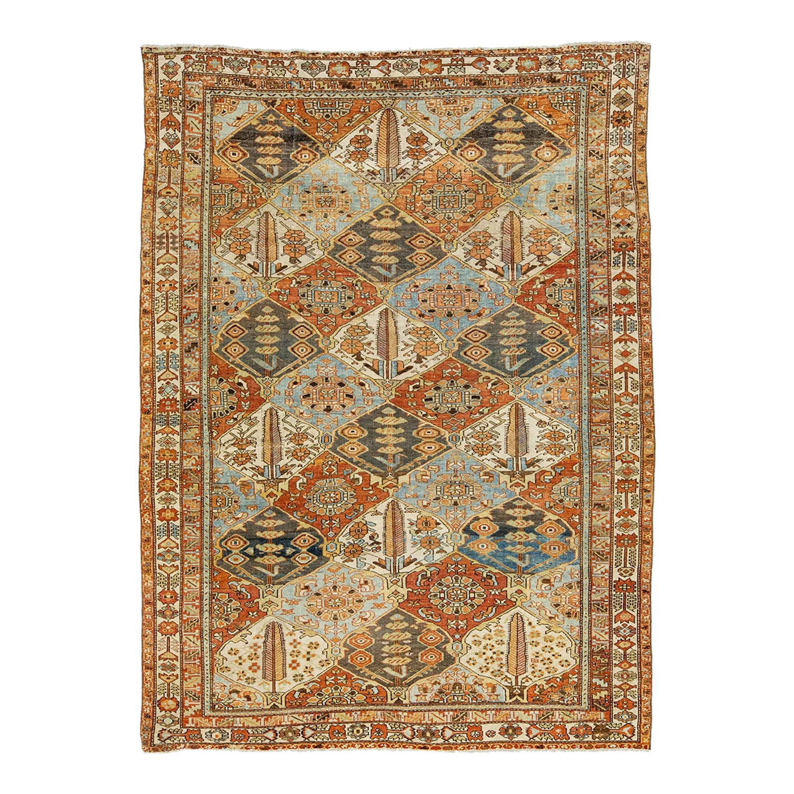 Antique Bakhtiari Persian Wool Rug 6'10 x 9'3 Multicolor Design: Antique Bakhtiari Persian Wool Rug 6'10 x 9'3 Multicolor Design Enhance your space with this stunning Antique Bakhtiari hand-knotted wool rug, featuring a rich rust color field adorned with a classic 