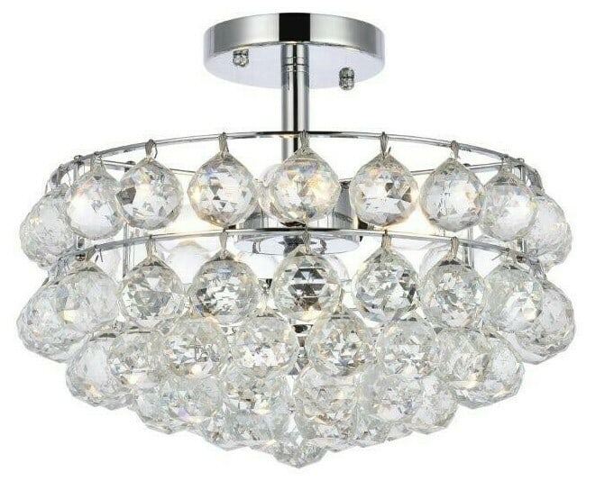 Savannah 3 Light Crystal Semi Flush Ceiling Fixture Chrome: Savannah 3 Light Crystal Semi Flush Ceiling Fixture Chrome Modern chrome semi flush mount chandelier with clear crystal detailing and a round shade shape. It features 3 lights, a polished finish, and 