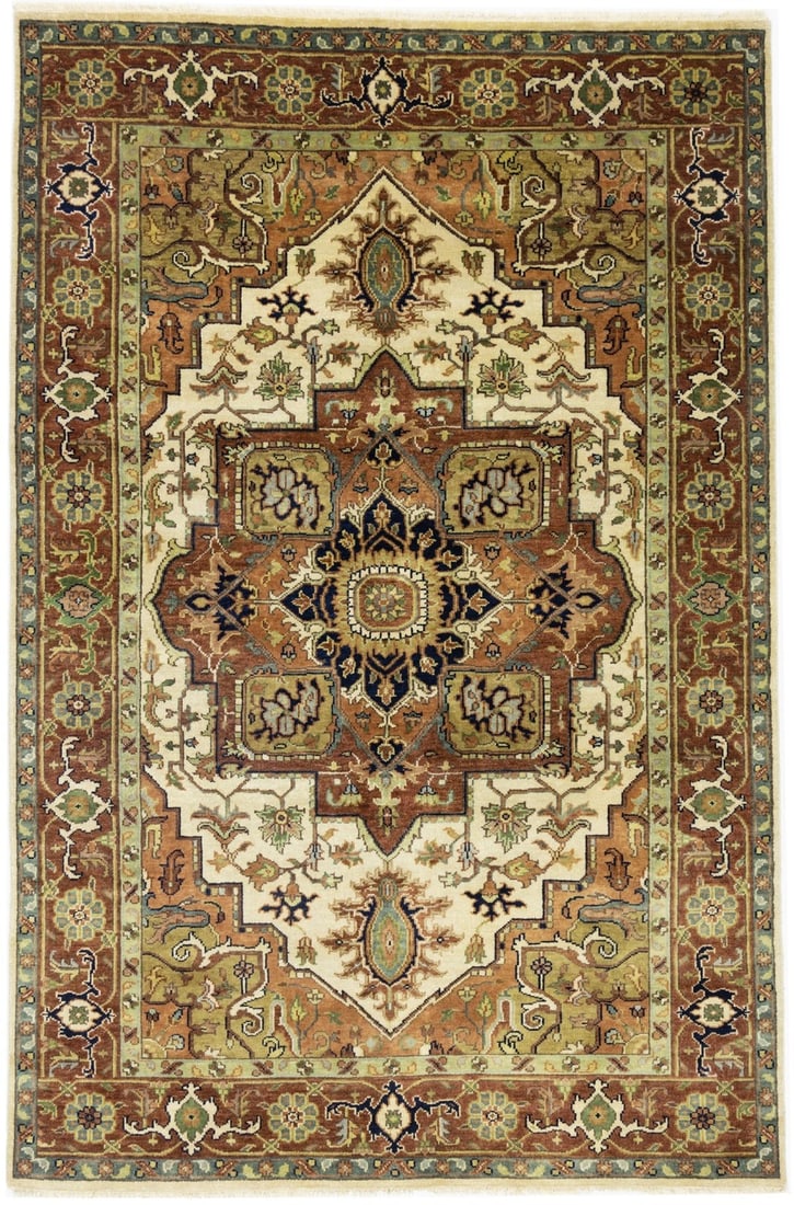 Wool Hand-Knotted Geometric Tribal Area Rug 5'11 x 8'10 Modern Heriz Serapi Style: Wool Hand-Knotted Geometric Tribal Area Rug 5'11 x 8'10 Modern Heriz Serapi Style This handmade Heriz Serapi rug features a striking tribal geometric pattern in cream, rust, dark navy, peach, beige, g