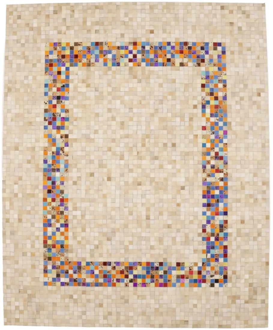 8' x 10' Handcrafted Geometric Leather Area Rug Modern Multicolor Indian Carpet: 8' x 10' Handcrafted Geometric Leather Area Rug Modern Multicolor Indian Carpet This contemporary area rug features a geometric pattern in a multicolored palette, primarily beige with additional tones