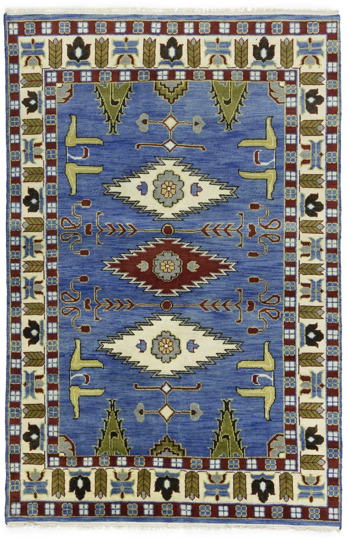 Hand-Knotted Wool Area Rug with Geometric Pattern 5'10 x 8'11: Hand-Knotted Wool Area Rug with Geometric Pattern 5'10 x 8'11 This hand-knotted Kazak Oriental area rug features a geometric design in a blend of blue, cream, red, olive, khaki, pastel yellow, and dar