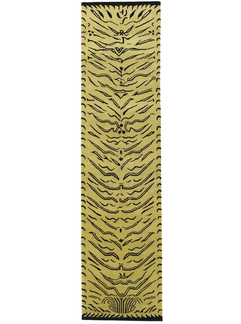 Hand Knotted Wool Tiger Print Runner Rug 3'0 X 11'11: Hand Knotted Wool Tiger Print Runner Rug 3'0 X 11'11 Enhance your home decor with this stunning Nepali Handmade Wool Runner Rug, featuring a unique animal print pictorial design. This exquisite piece 