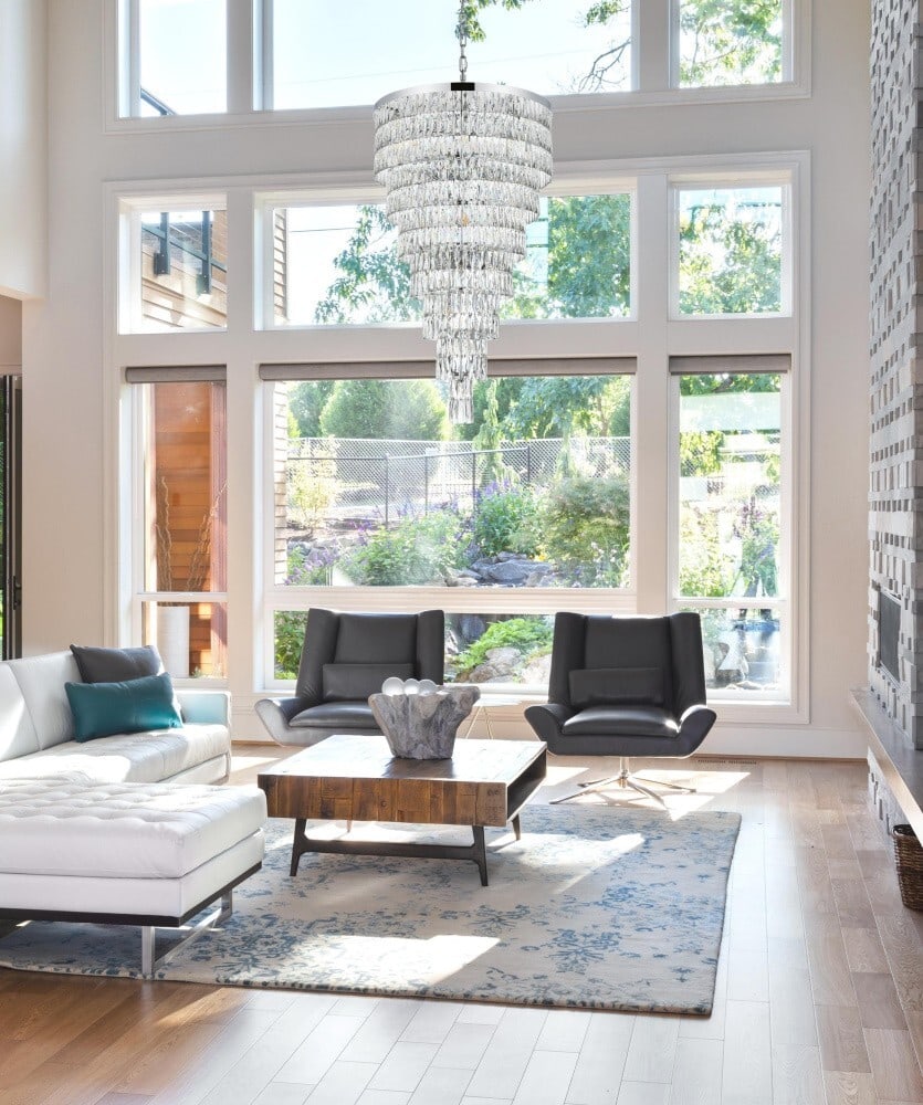 Josephine 41 Light Crystal Chandelier Polished Chrome 54 in: Josephine 41 Light Crystal Chandelier Polished Chrome 54 in Modern crystal chandelier light fixture in polished chrome finish with clear Royal Cut crystals. It features 41 lights, an adjustable height