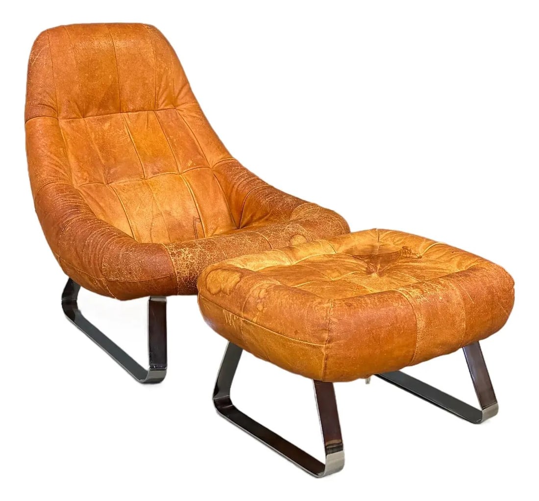 Percival Lafer Mid Century Leather Earth Chair and Ottoman Set: Percival Lafer Mid Century Leather Earth Chair and Ottoman Set Experience the elegance of mid-century modern design with this Percival Lafer Leather Earth Lounge Chair and Ottoman. This striking set f