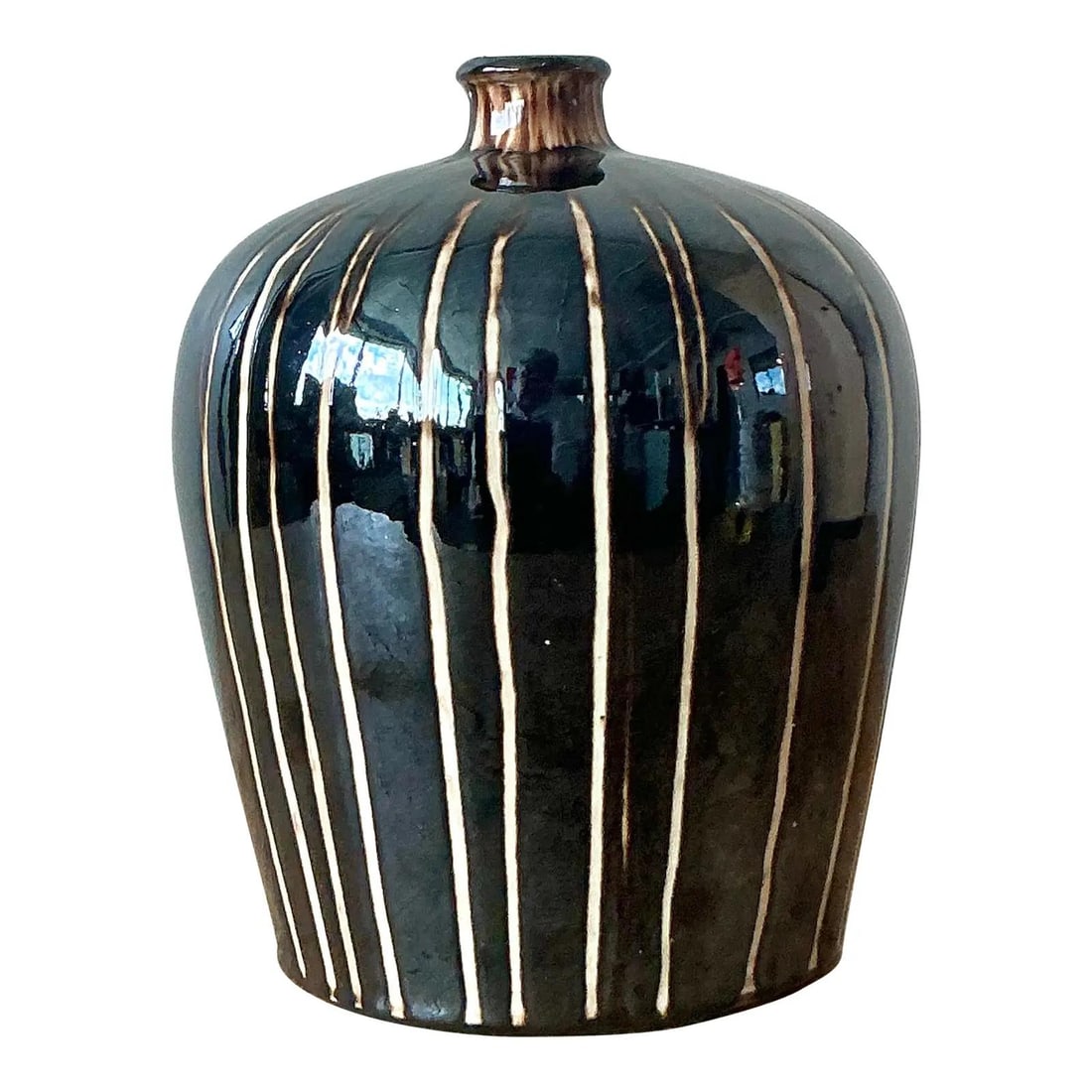 Handcrafted Sienna Ceramic Vase with Glazed Vertical Stripe Design 8 Inch (1 of 6)