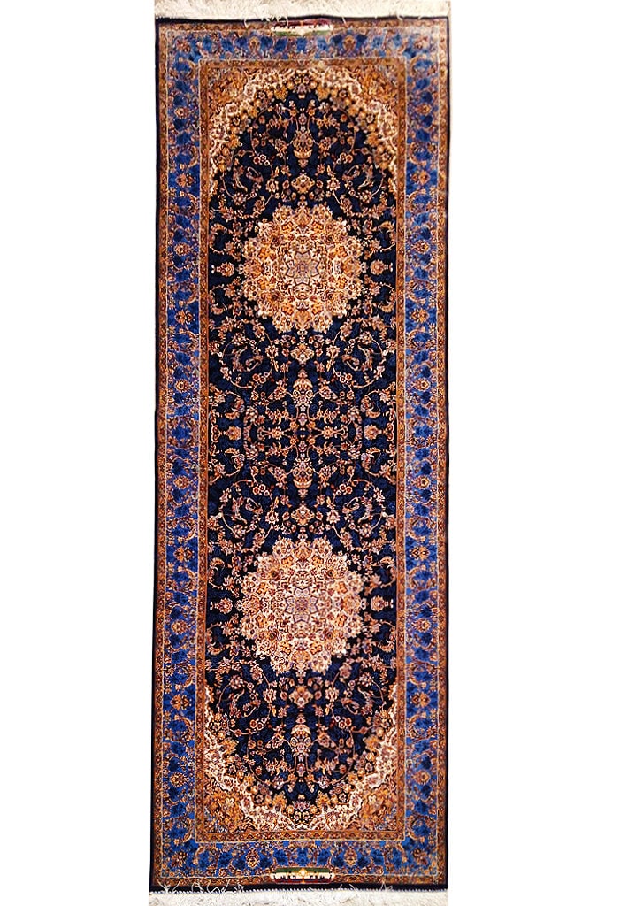 Elegant 8ft Turkish Silk Runner in Dark Black and Blue: Elegant 8ft Turkish Silk Runner in Dark Black and Blue Free continental US Shipping Enhance your space with this exquisite 8-foot Turkish silk runner, featuring a striking dark black and blue design. 