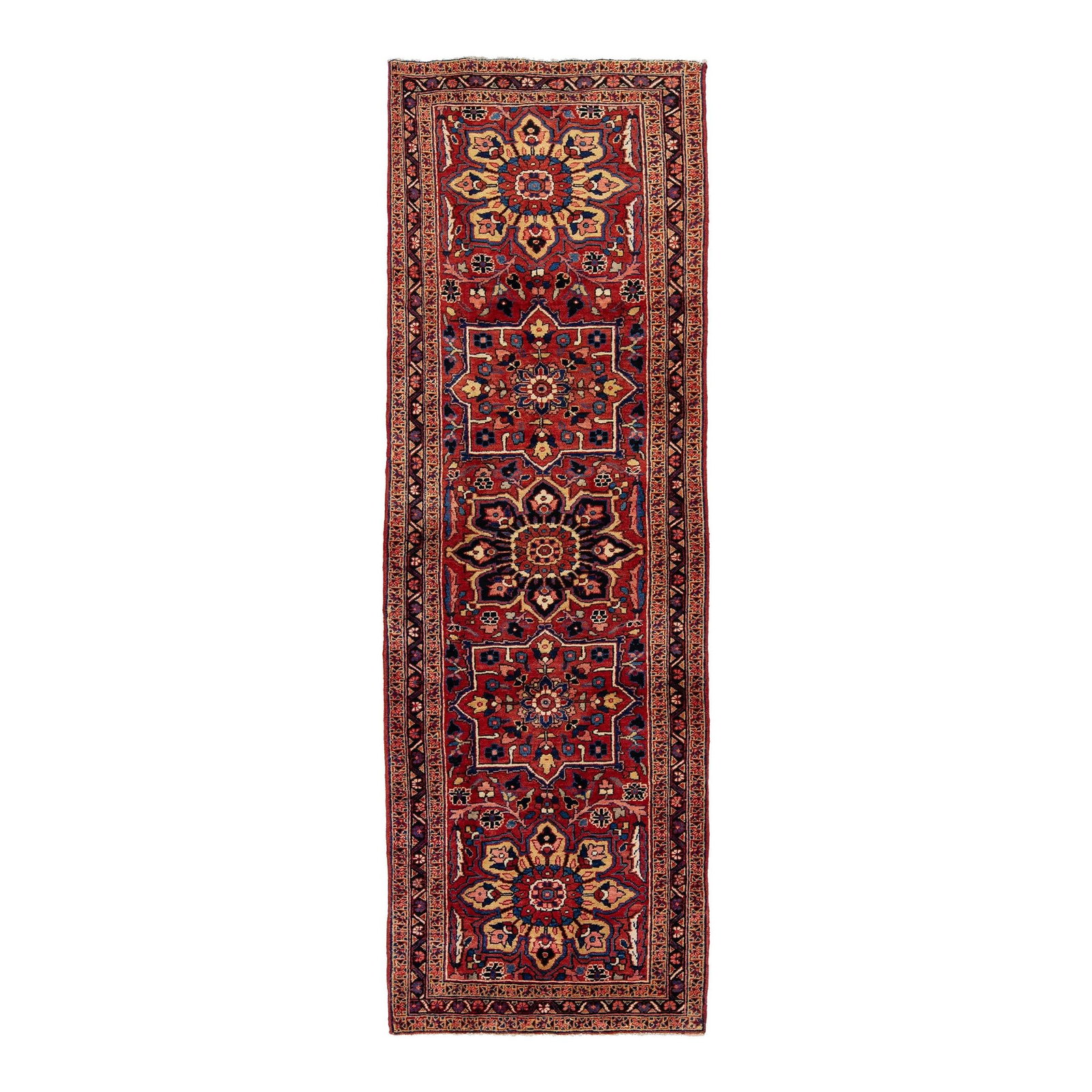Antique Heriz Tribal Handmade Red Wool Rug 3'8 x 11'3: Antique Heriz Tribal Handmade Red Wool Rug 3'8 x 11'3 This exquisite antique Heriz rug showcases a stunning hand-knotted design crafted from high-quality wool. The vibrant red color field is beautiful