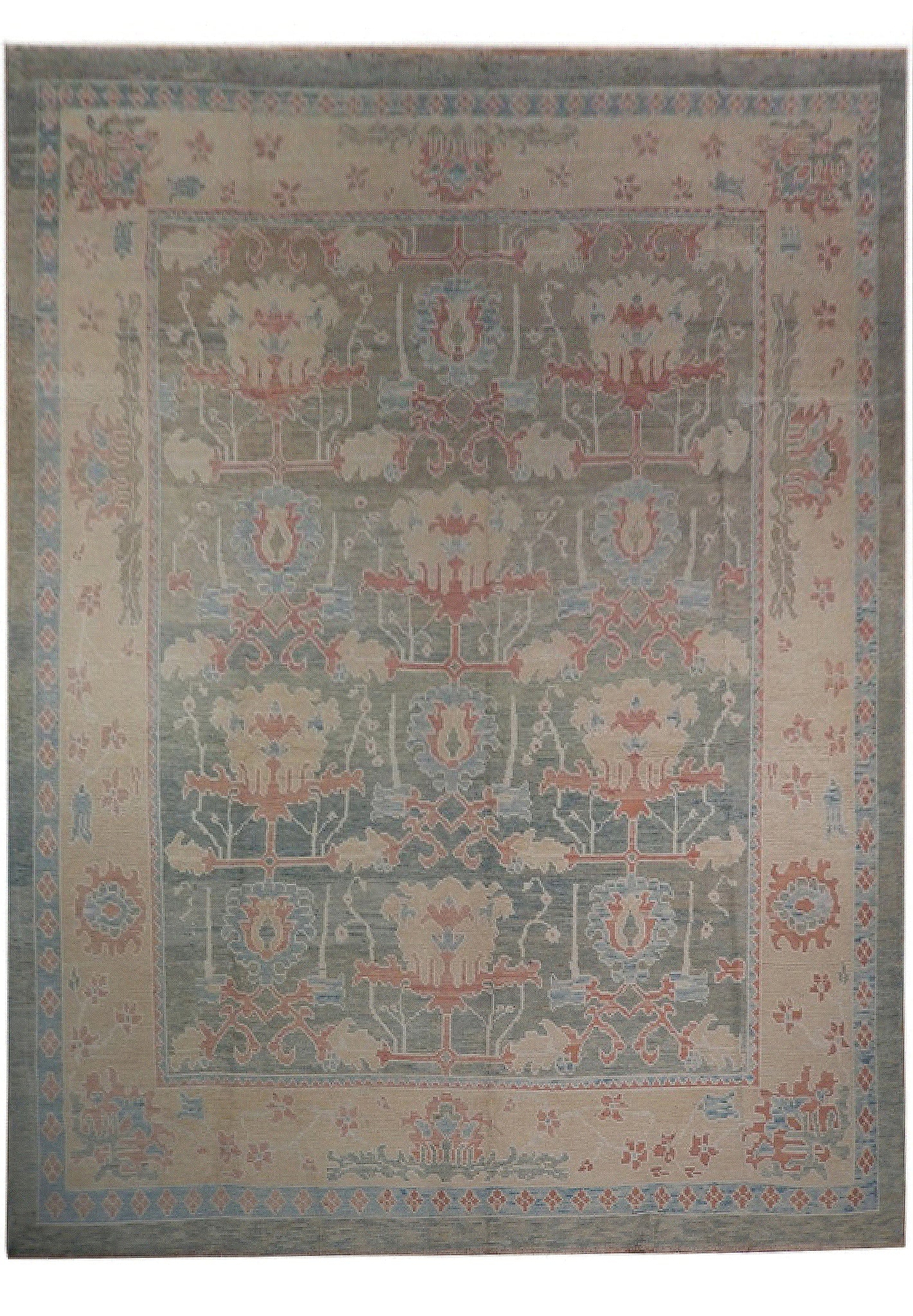 11 x 14 Oushak Hand-Knotted Light Green Wool Area Rug: 11 x 14 Oushak Hand-Knotted Light Green Wool Area Rug Free continental US Shipping This 11 x 14 Oushak rug features an authentic design inspired by the weaving traditions of Usak (Oushak) in western A