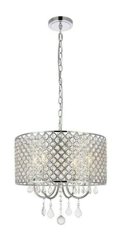 Living District Elise 4 Light Crystal Pendant Chandelier 17 inch Chrome: Living District Elise 4 Light Crystal Pendant Chandelier 17 inch Chrome This modern 4-light pendant chandelier features a chrome/silver finish with Royal Cut clear crystals and an open lattice shade d