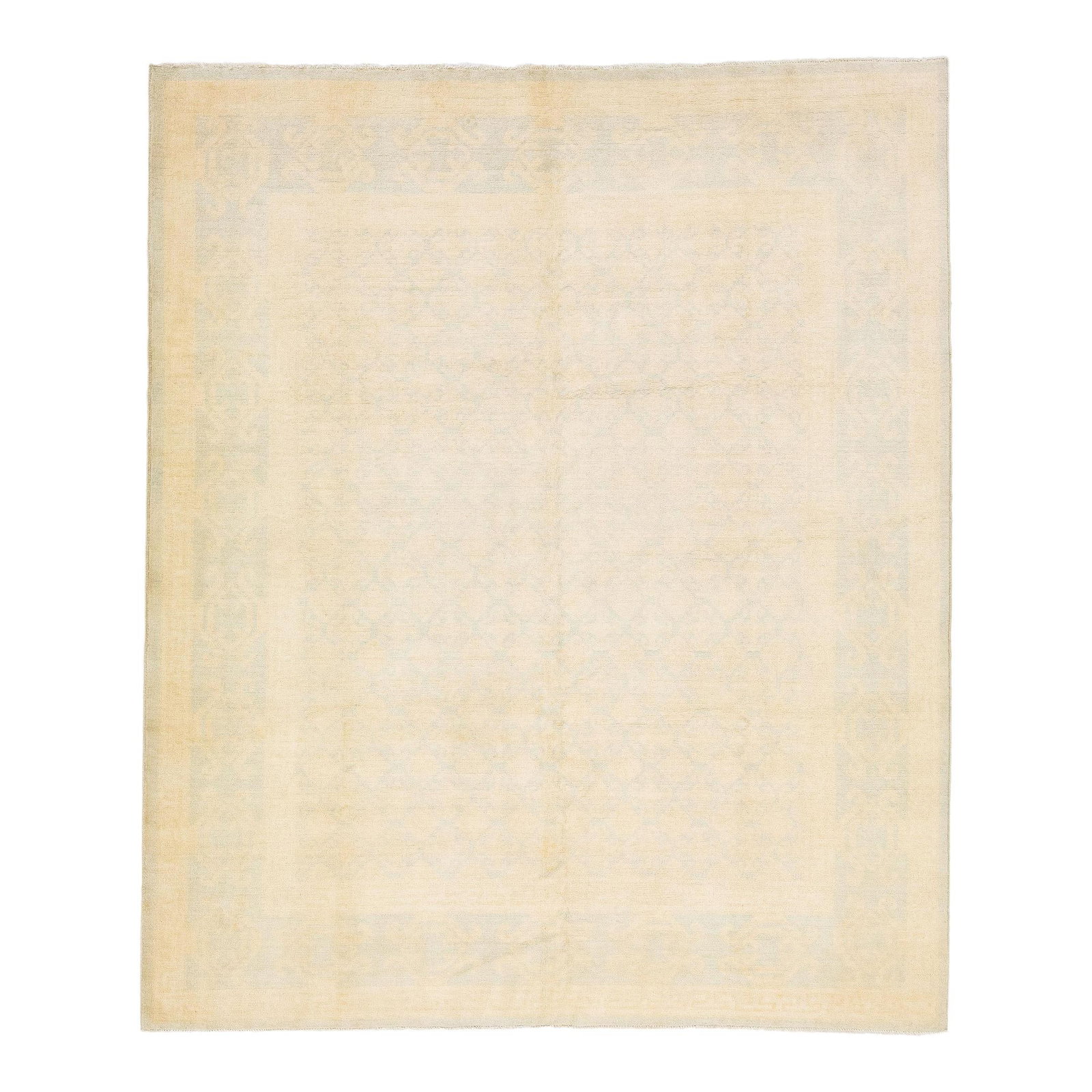 Modern Khotan Beige Wool Rug with Blue Geometric Accents 8' x 9'6": Modern Khotan Beige Wool Rug with Blue Geometric Accents 8' x 9'6" Enhance your space with this exquisite modern Khotan hand-knotted wool rug, featuring a stunning beige field adorned with light blue 