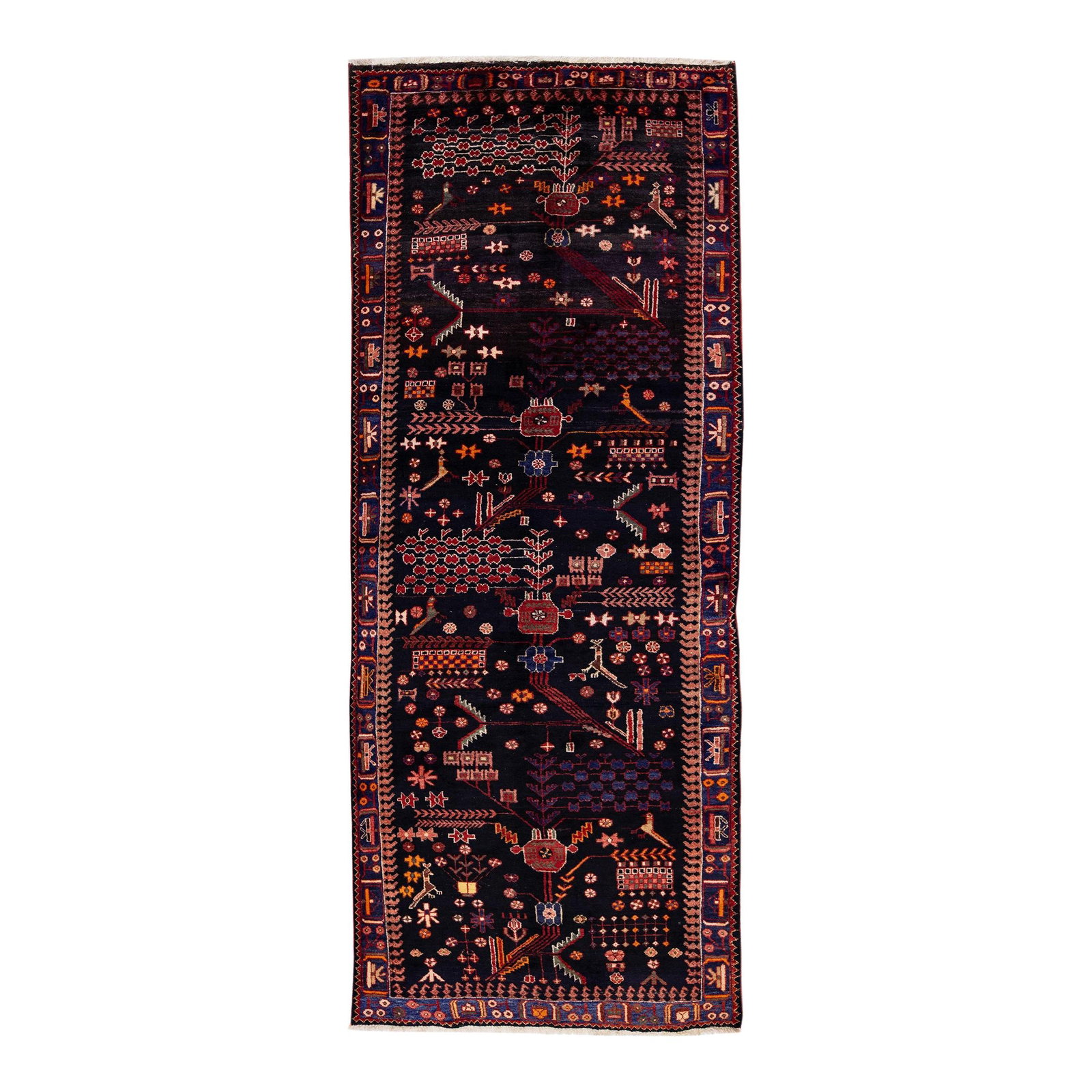 Vintage Persian Hamadan Navy Blue Wool Runner 4' x 10'7: Vintage Persian Hamadan Navy Blue Wool Runner 4' x 10'7 This stunning vintage Persian Hamadan runner features an intricate all-over geometric floral medallion design set against a rich navy blue field