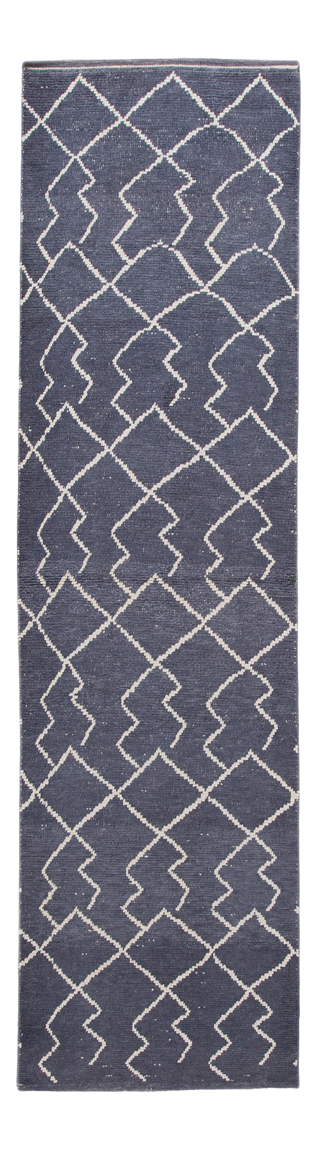 Contemporary Moroccan Handmade Wool Runner Geometric Design 3' x 11'2: Contemporary Moroccan Handmade Wool Runner Geometric Design 3' x 11'2 Enhance your space with this beautiful contemporary Moroccan style runner, expertly hand-knotted from high-quality wool. Featuring