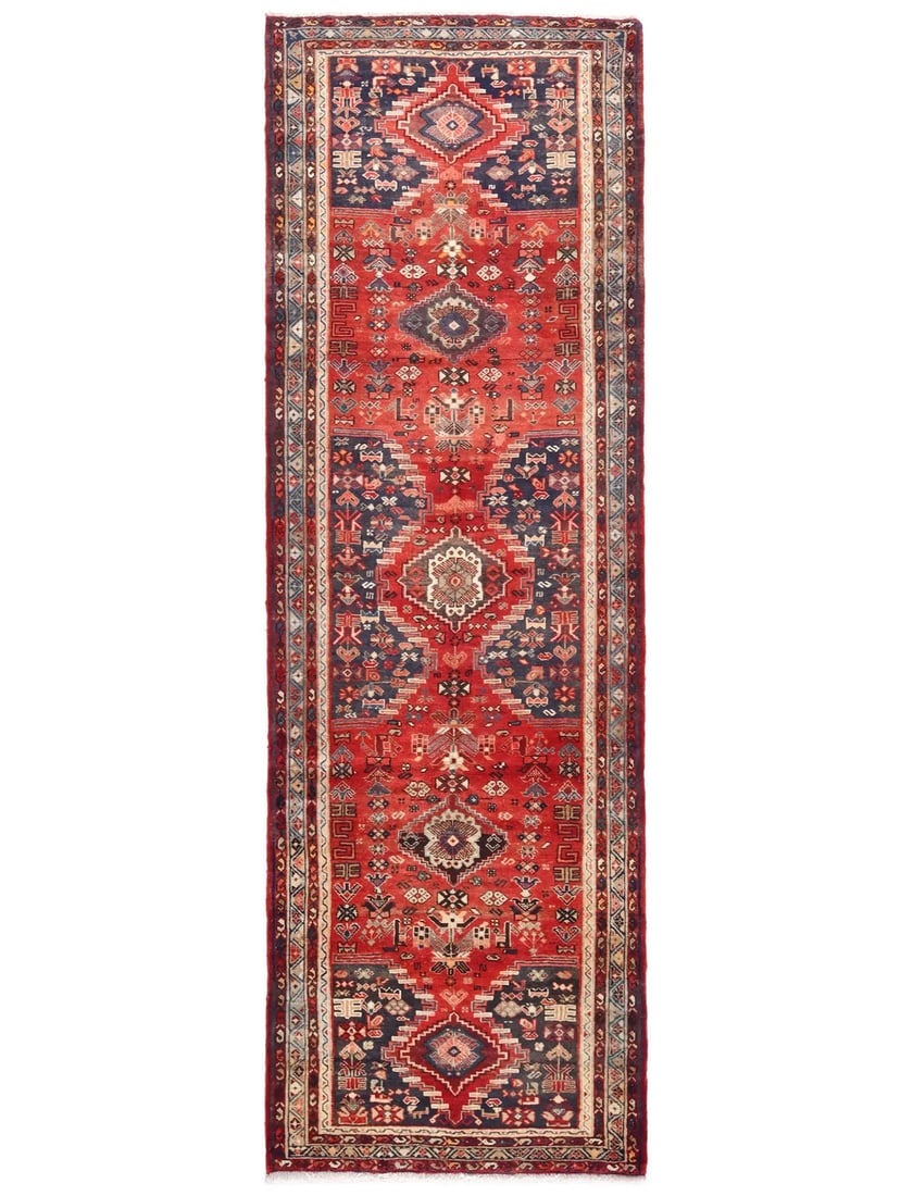 Wool hand knotted tribal runner 3'7 x 9'10 floral vintage: Wool hand knotted tribal runner 3'7 x 9'10 floral vintage Enhance your space with this stunning semi-antique tribal oriental rug, featuring a beautiful floral design in muted tones of red, cream, plum