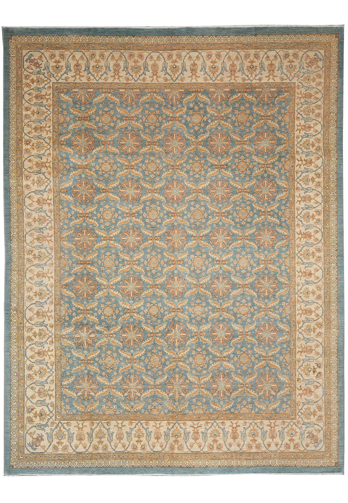 9 x 11.6 Aqua Blue Zigler Chobi Hand-Knotted Wool Peshawar Area Rug: 9 x 11.6 Aqua Blue Zigler Chobi Hand-Knotted Wool Peshawar Area Rug Free continental US Shipping This 9.1 x 11.6 foot Zigler Chobi Peshawar area rug showcases traditional Pakistani craftsmanship with 
