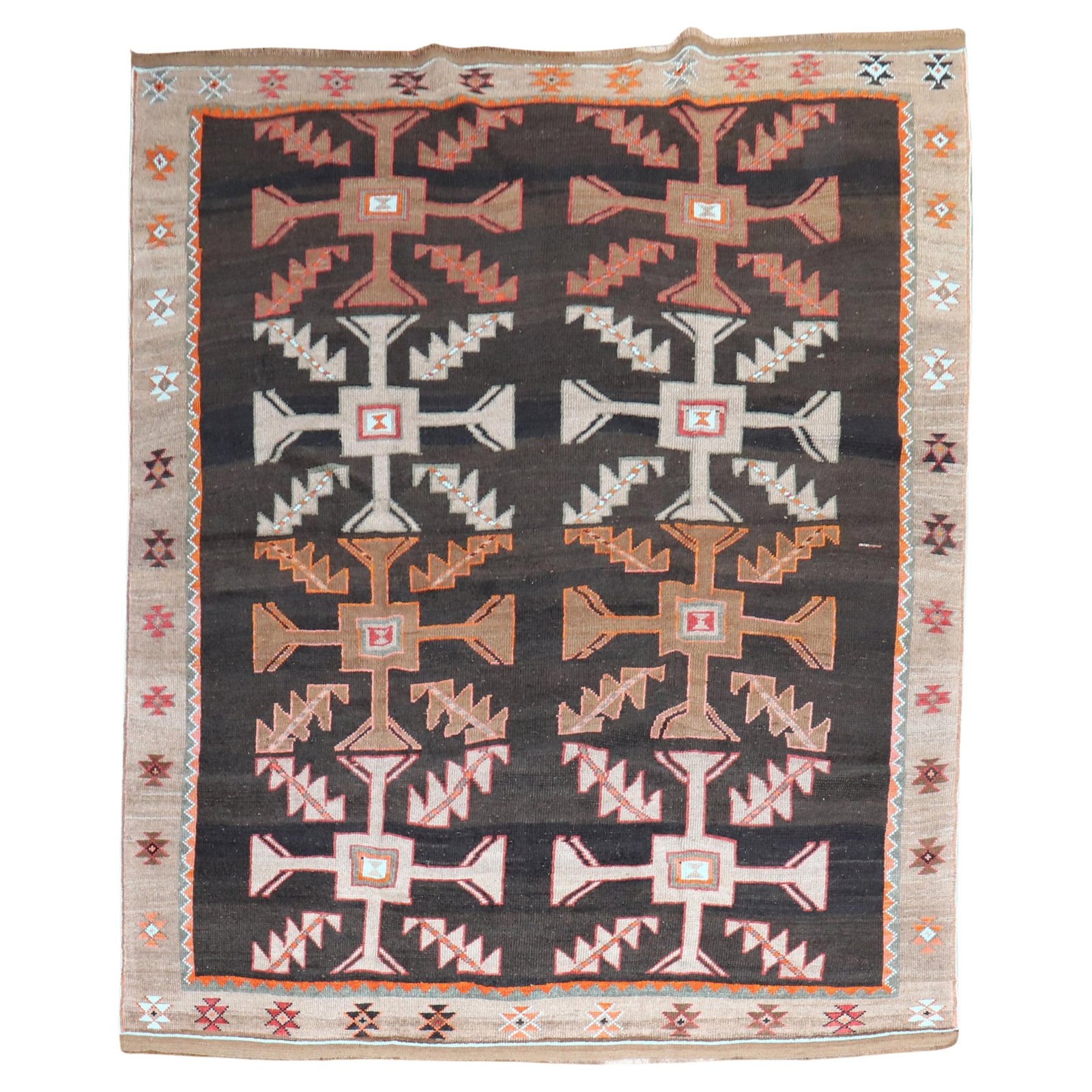 Mid-20th Century Hand-Knotted Wool Turkish Kars Carpet 85 x 103 in: Mid-20th Century Hand-Knotted Wool Turkish Kars Carpet 85 x 103 in Discover the unique beauty of this mid-20th century Turkish Kars rug, featuring an abstract primitive geometric design that brings a 