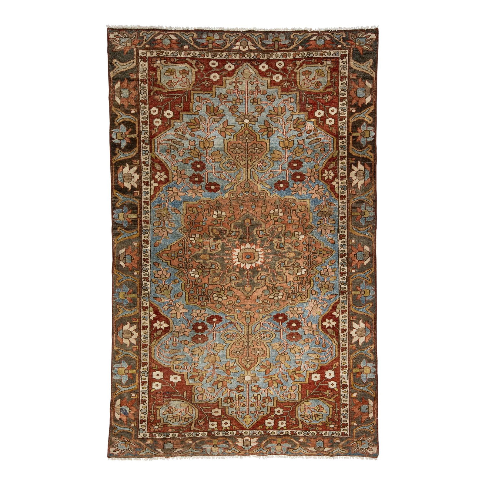 Handmade Persian Bakhtiari Wool Rug Blue Medallion Design: Handmade Persian Bakhtiari Wool Rug Blue Medallion Design Transform your space with this exquisite hand-knotted Persian Bakhtiari wool rug. Featuring a captivating medallion pattern, the rug combines 