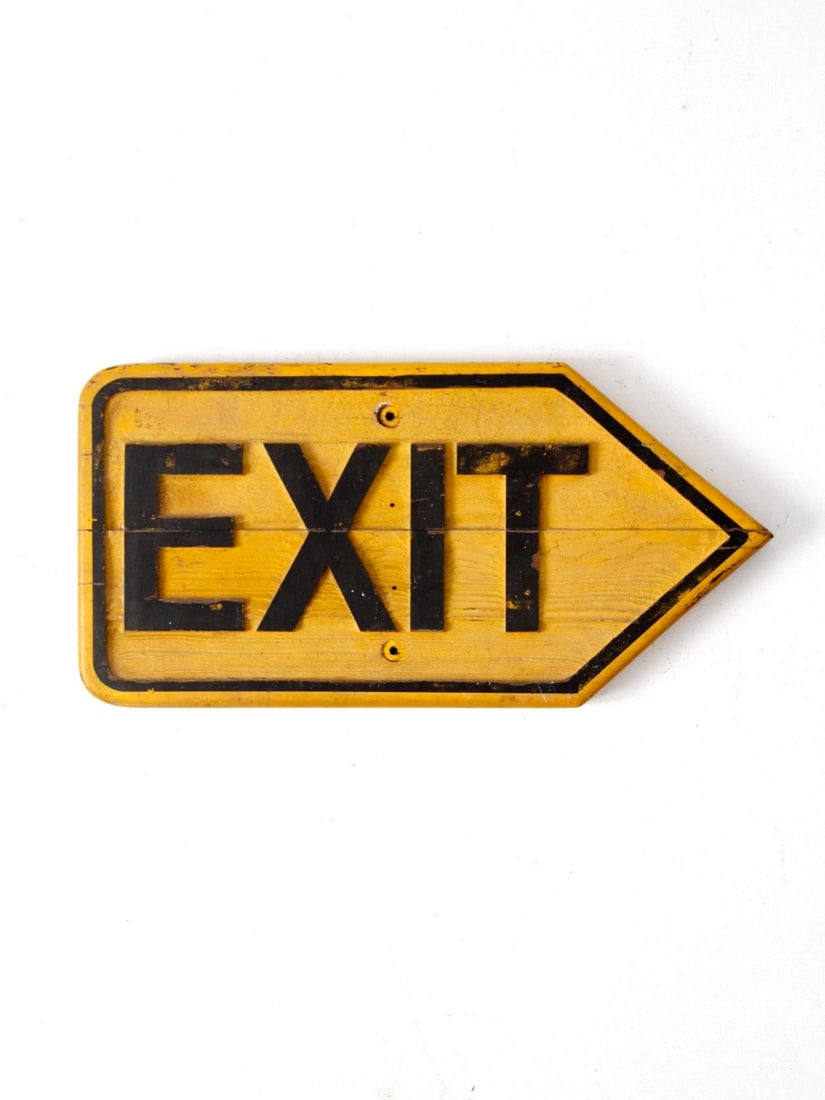 Rustic Vintage Wood Exit Sign Yellow Black 24 x 12: Rustic Vintage Wood Exit Sign Yellow Black 24 x 12 This vintage Exit sign features a rustic wooden design in yellow and black, pointing to the right with a raised relief pattern. It includes screw hol
