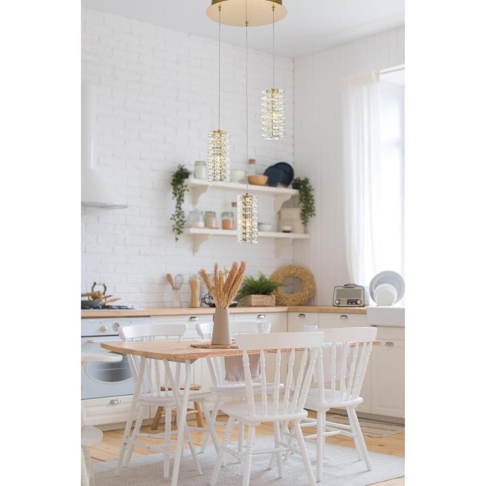 Aston 3 Light Satin Gold Crystal Pendant Fixture: Aston 3 Light Satin Gold Crystal Pendant Fixture This modern crystal pendant chandelier features a high-quality satin gold finish and a striking rectangular design adorned with clear, ice-like crystal