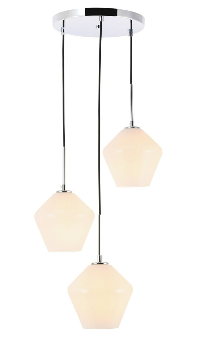 Gene 3-Light Chrome Glass Pendant Chandelier: Gene 3-Light Chrome Glass Pendant Chandelier This modern pendant chandelier features three lights with chrome and frosted white glass shades, offering a contemporary look suitable for dining rooms, fo