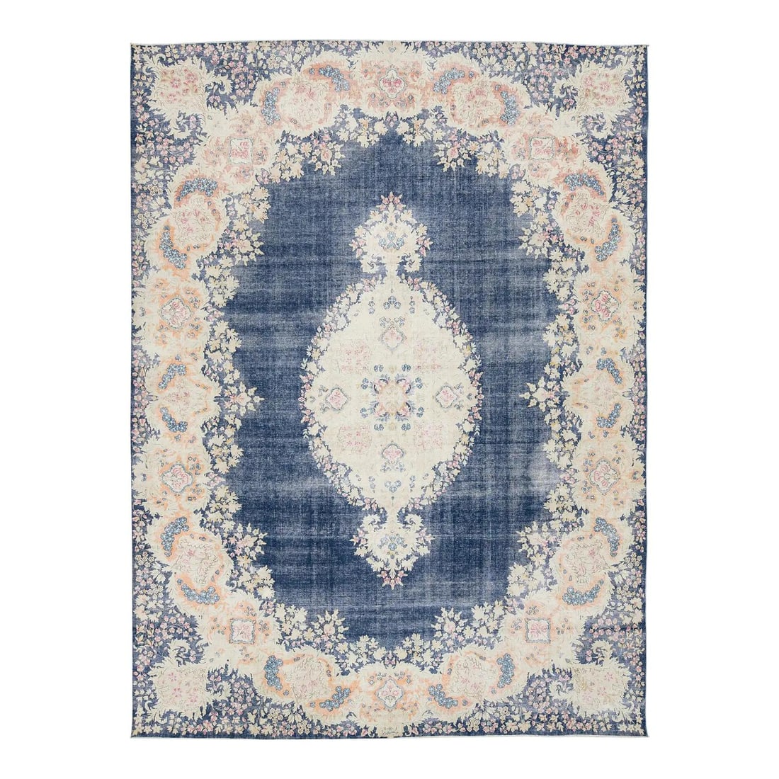 Antique Persian Kerman Wool Rug 9'9 x 13'2 Floral Medallion: Antique Persian Kerman Wool Rug 9'9 x 13'2 Floral Medallion This antique Persian Kerman rug is crafted from wool and features a striking navy blue field with a large ivory medallion highlighted by del