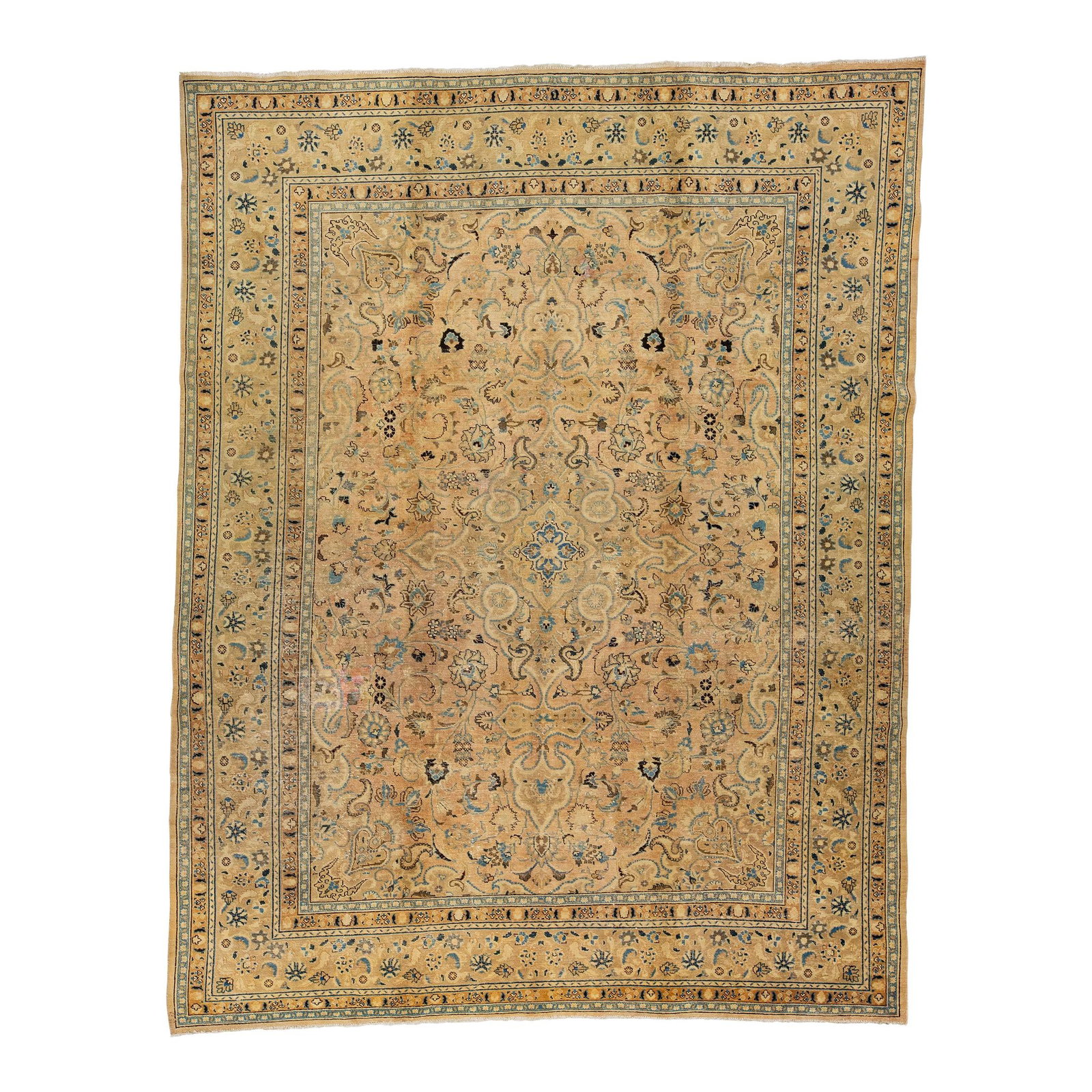 Vintage Persian Tabriz Handmade Wool Rug Beige Floral Medallion 9'7 x 12'4: Vintage Persian Tabriz Handmade Wool Rug Beige Floral Medallion 9'7 x 12'4 Discover the elegance of this stunning vintage Persian Tabriz rug, meticulously hand-knotted from fine wool. Featuring a soft