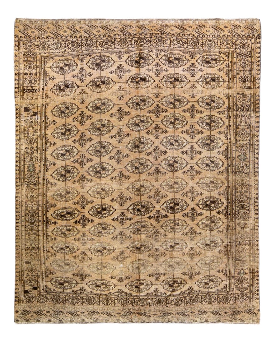 Antique Turkmen Hand-Knotted Wool Rug 7'4 x 9'3 Beige Geometric Pattern: Antique Turkmen Hand-Knotted Wool Rug 7'4 x 9'3 Beige Geometric Pattern Discover the charm of this antique Turkmen handmade wool rug featuring a stunning beige field accented with rich brown tones. Th