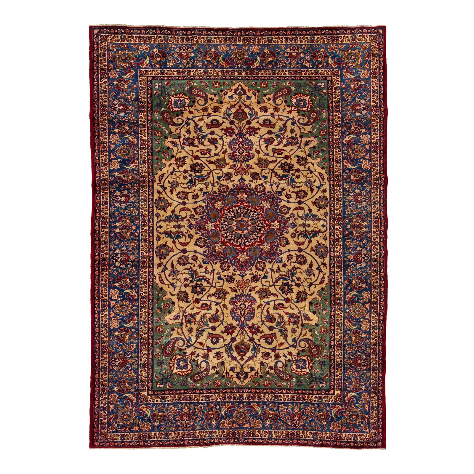 Antique Tabriz Handmade Wool Rug 8'8" x 12'2" Green Rosette Design: Antique Tabriz Handmade Wool Rug 8'8" x 12'2" Green Rosette Design Transform your living space with this exquisite Antique Tabriz Handmade Wool Rug. This stunning piece features a warm tan field beaut