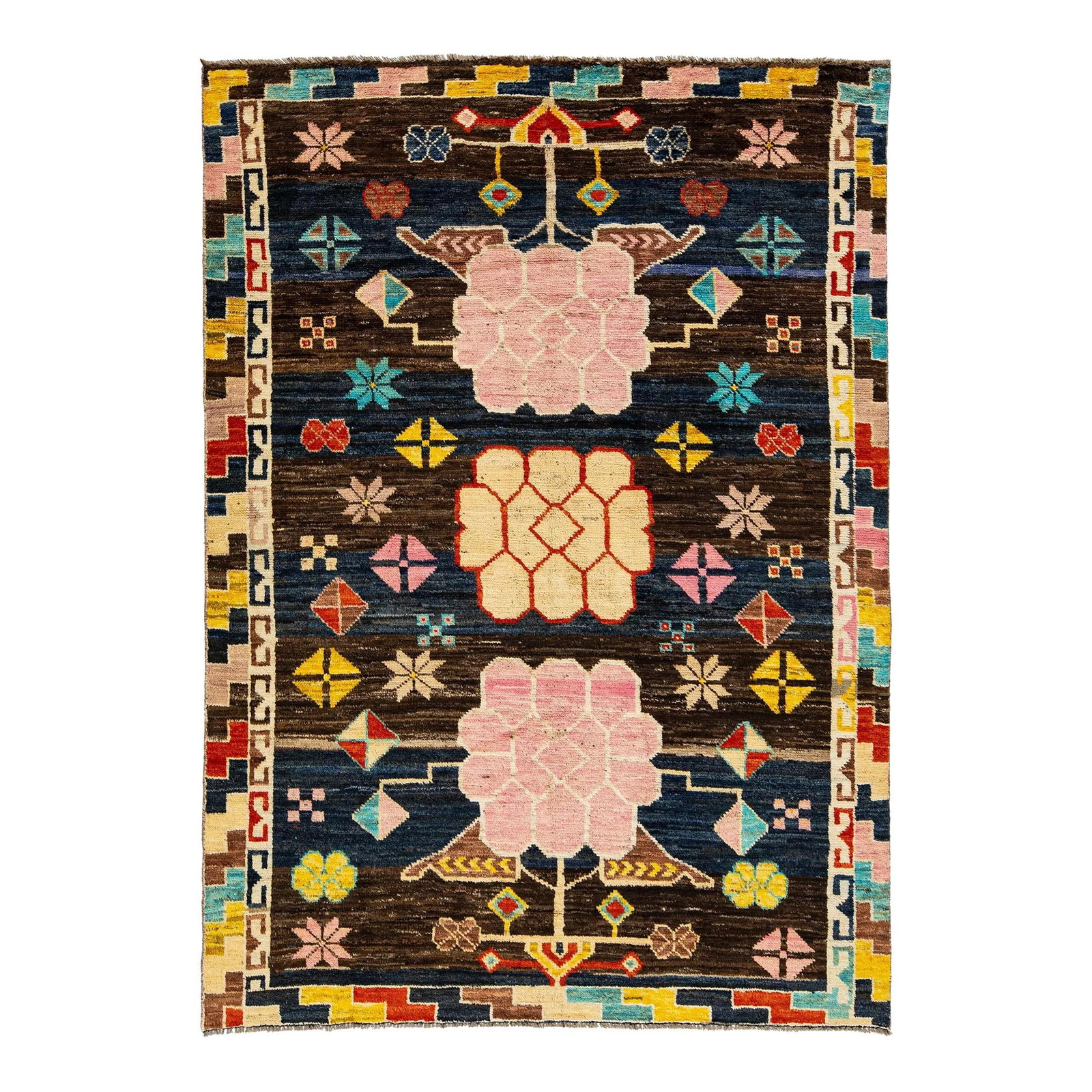 Handmade Wool Rug Modern Art Deco Multicolor Design 5'11 x 8'3: Handmade Wool Rug Modern Art Deco Multicolor Design 5'11 x 8'3 This handmade wool rug embodies a modern interpretation of the Art Deco style, featuring a dynamic blue and brown color field. Its allove