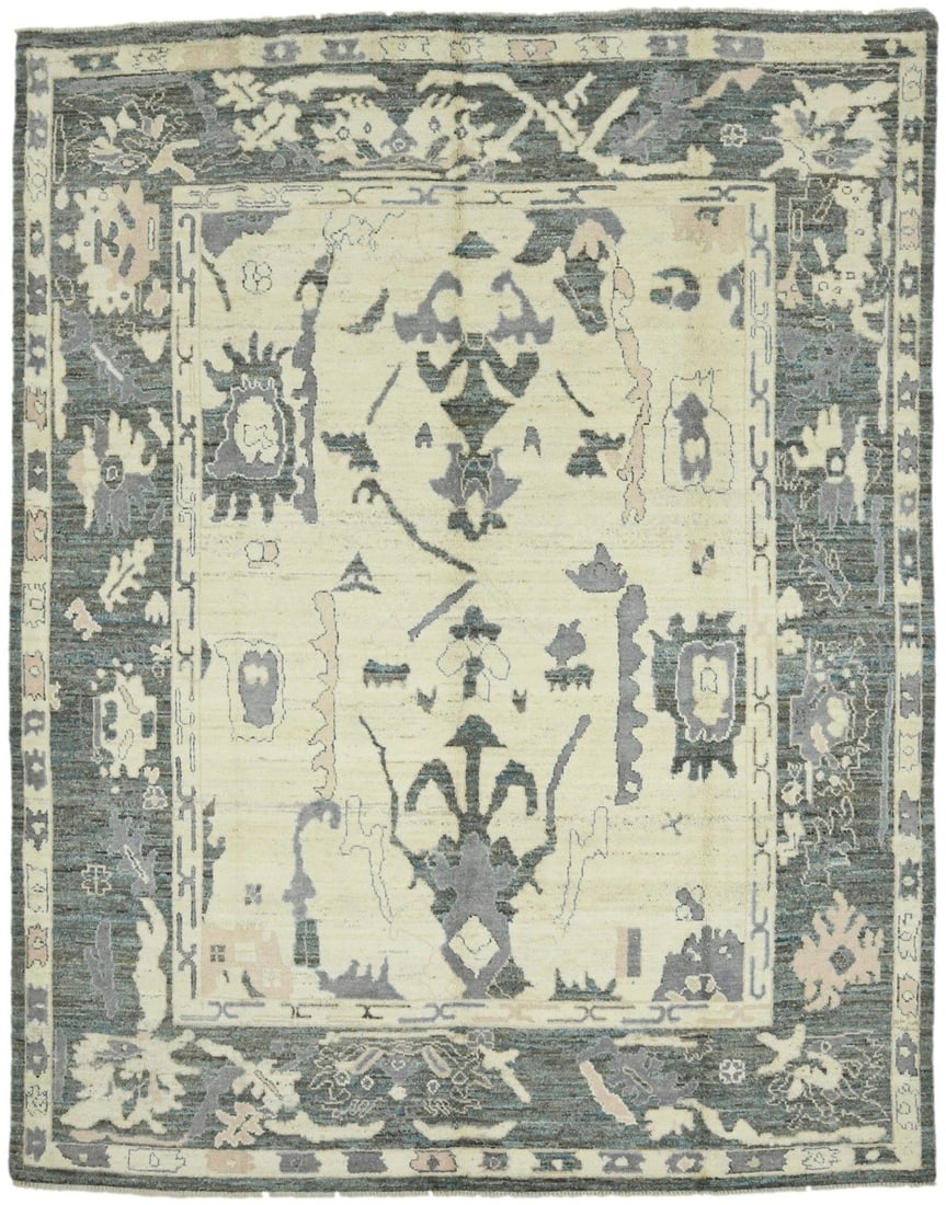 Hand-Knotted Wool Oushak Peshawar Area Rug 7'11 x 10'0 Floral Pakistan: Hand-Knotted Wool Oushak Peshawar Area Rug 7'11 x 10'0 Floral Pakistan This Oushak Peshawar area rug features a hand-knotted wool construction with a muted floral design in cream, gray, taupe, and lig