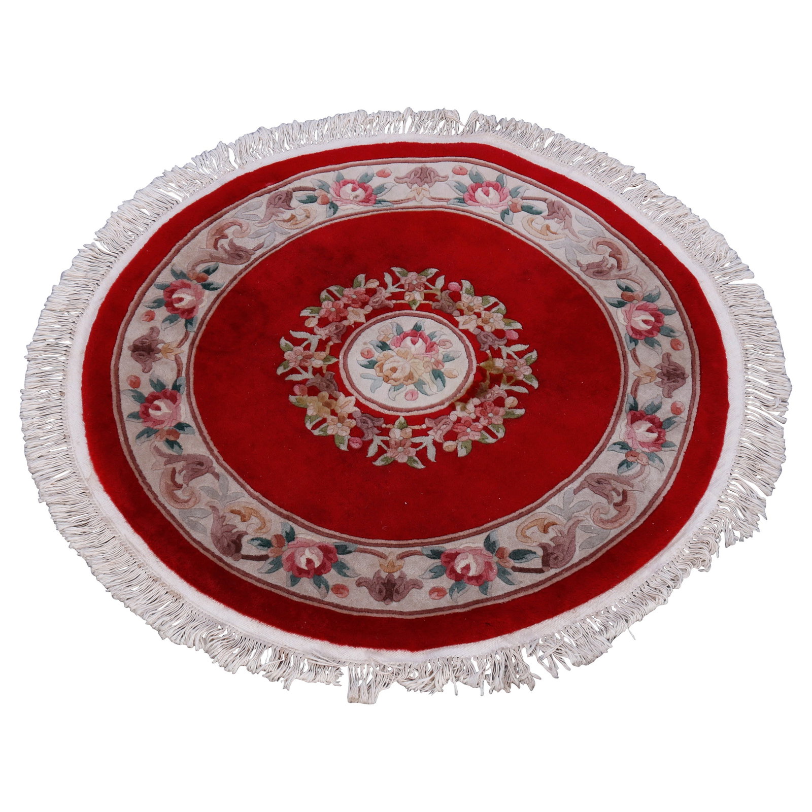 Vintage Chinese Nichols Hand-Knotted Wool Round Rug 55in Red Floral: Vintage Chinese Nichols Hand-Knotted Wool Round Rug 55in Red Floral This exquisite Chinese Nichols Round Oriental Wool Rug, dating back to circa 1940, showcases traditional craftsmanship and vibrant d