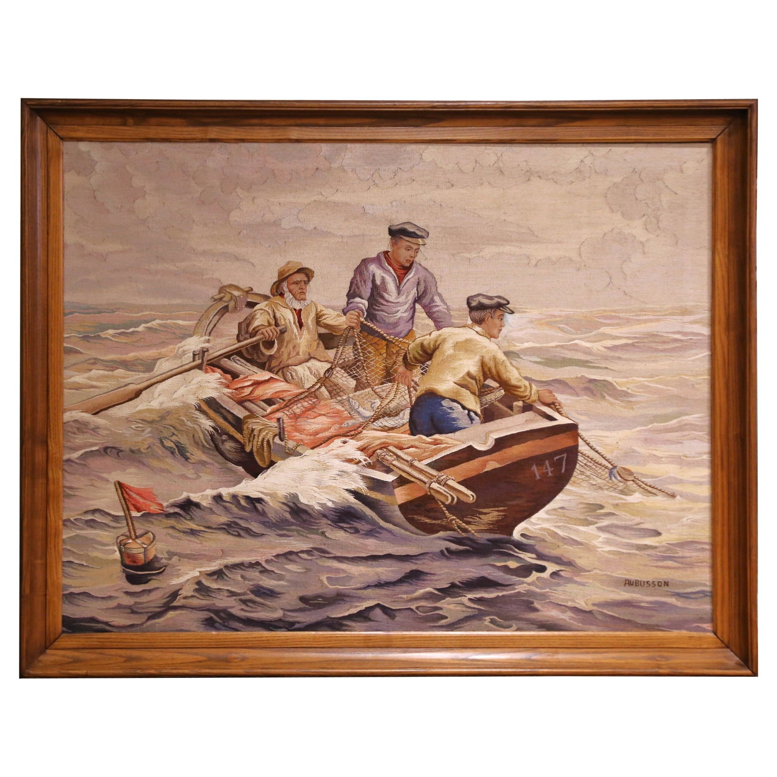 Early 20th Century Aubusson Nautical Tapestry in Oak Frame: Early 20th Century Aubusson Nautical Tapestry in Oak Frame This exquisite early 20th-century French hand-woven tapestry, crafted circa 1920, vividly portrays a dramatic maritime scene featuring three 