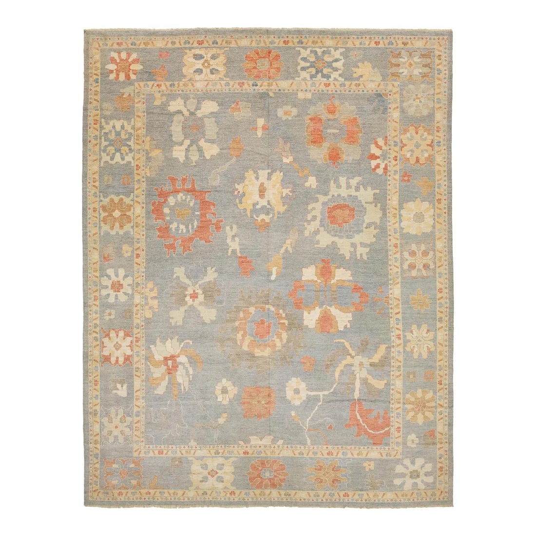Oushak Hand Knotted Wool Rug 14x17 Blue Earth Tones: Oushak Hand Knotted Wool Rug 14x17 Blue Earth Tones This hand-knotted rug, crafted in the modern Oushak style, features premium hand-spun wool and showcases an oversized floral and palmette pattern. T