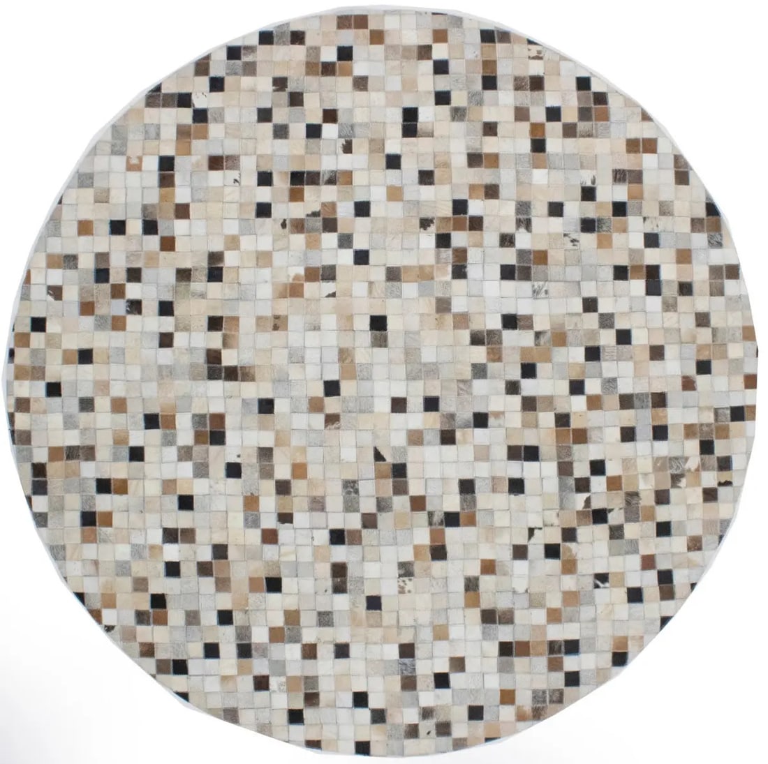 Handcrafted 6x6 Round Modern Cowhide Patchwork Leather Area Rug: Handcrafted 6x6 Round Modern Cowhide Patchwork Leather Area Rug This handcrafted round cowhide patchwork rug features a contemporary geometric design in multicolored tones, including ivory. Made from 