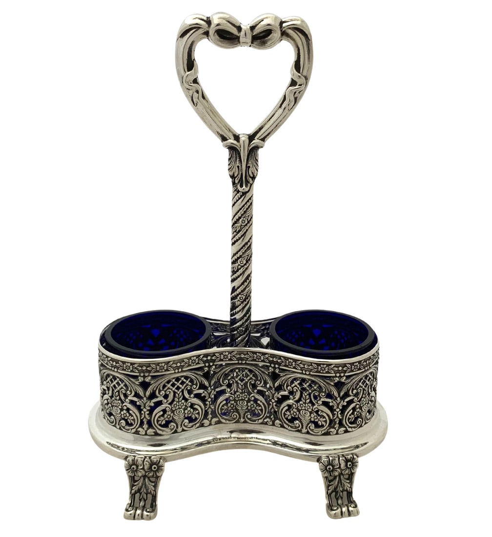 Topazio 925 Sterling Silver Floral Lace Double Salt Holder with Blue Crystals (1 of 3)