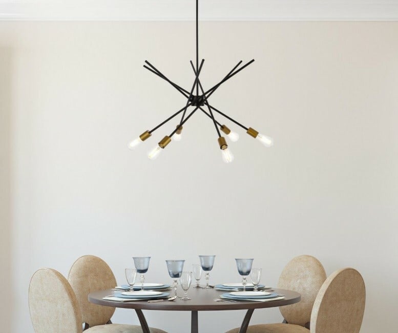 Armin 6 Light Black Brass Sputnik Chandelier 32 Inch: Armin 6 Light Black Brass Sputnik Chandelier 32 Inch This pre-owned mid-century modern Sputnik chandelier features a striking black and brass finish and is designed for indoor use. The fixture has six