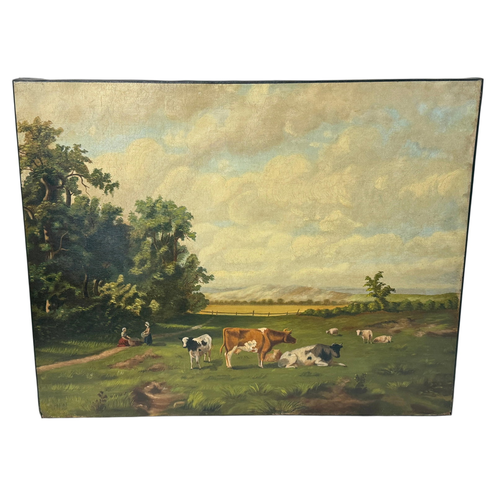 Late 19th Century English Pastoral Oil Painting with Grazing Livestock: Late 19th Century English Pastoral Oil Painting with Grazing Livestock An unsigned late 19th-century pastoral oil on canvas, probably English, in the British Colonial style and similar to Thomas Sidne